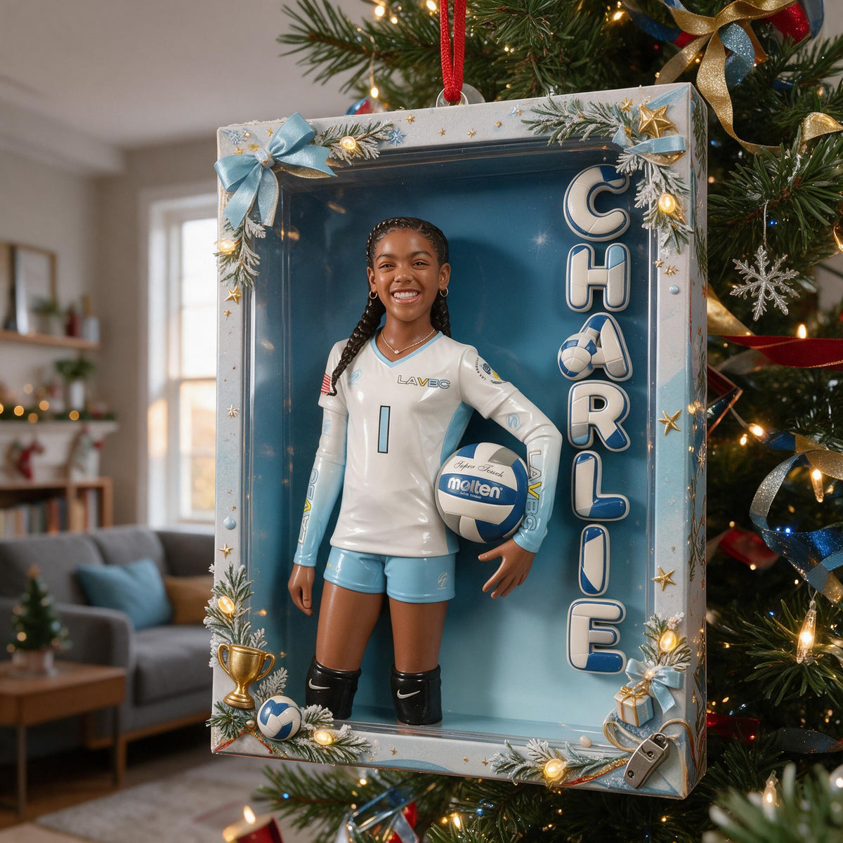 Personalized Black Female Youth Volleyball Player Christmas Ornament