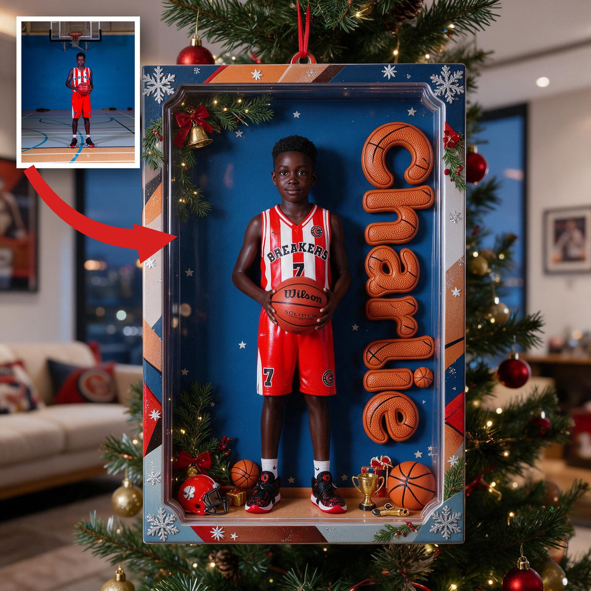 Personalized Christmas Black Male Youth Basketball Player Ornament Basketball Gift
