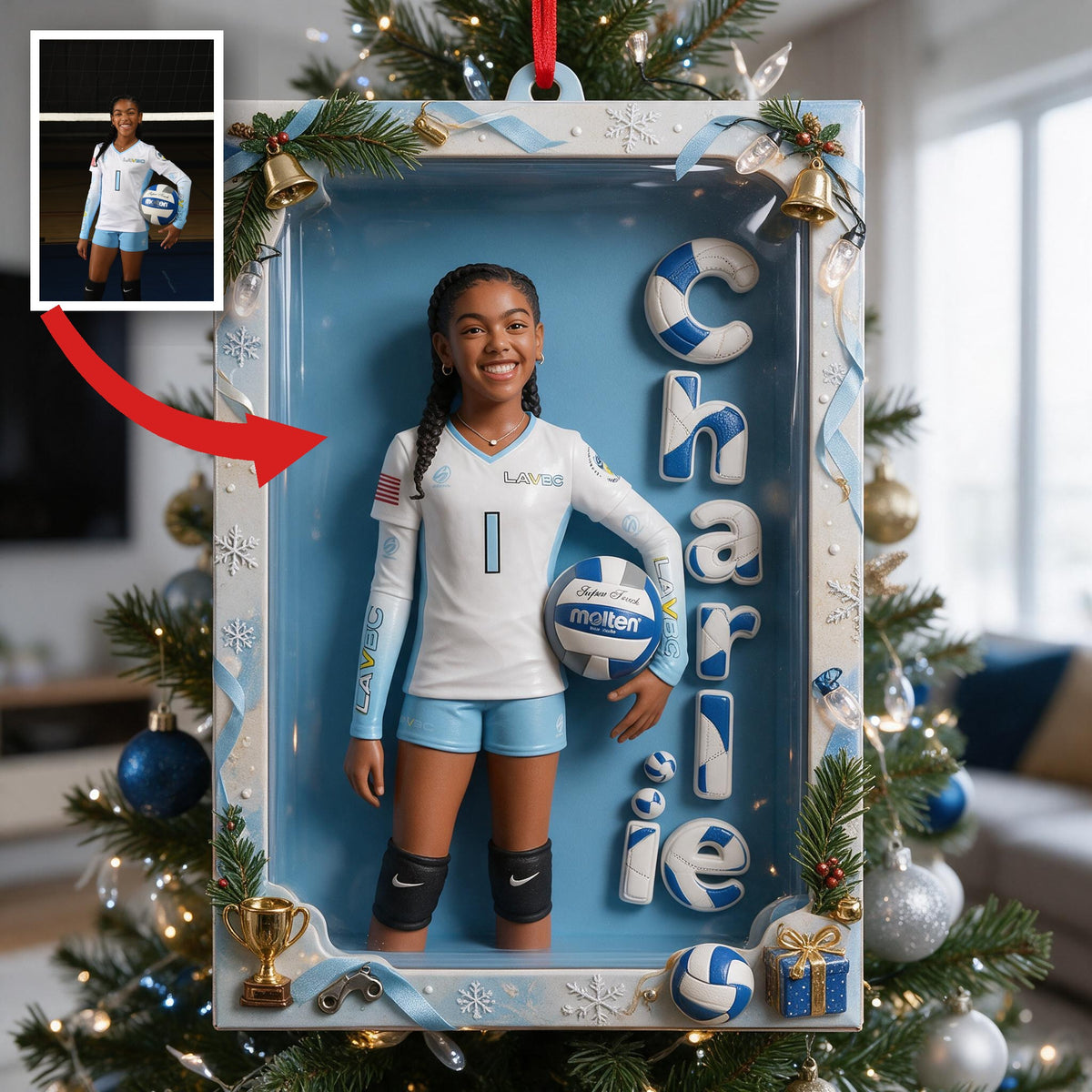 Personalized Black Female Youth Volleyball Player Christmas Ornament Athlete Gift