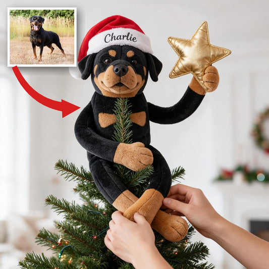 Personalized Christmas Black and Tan Rottweiler Posable Plush Doll Tree Topper