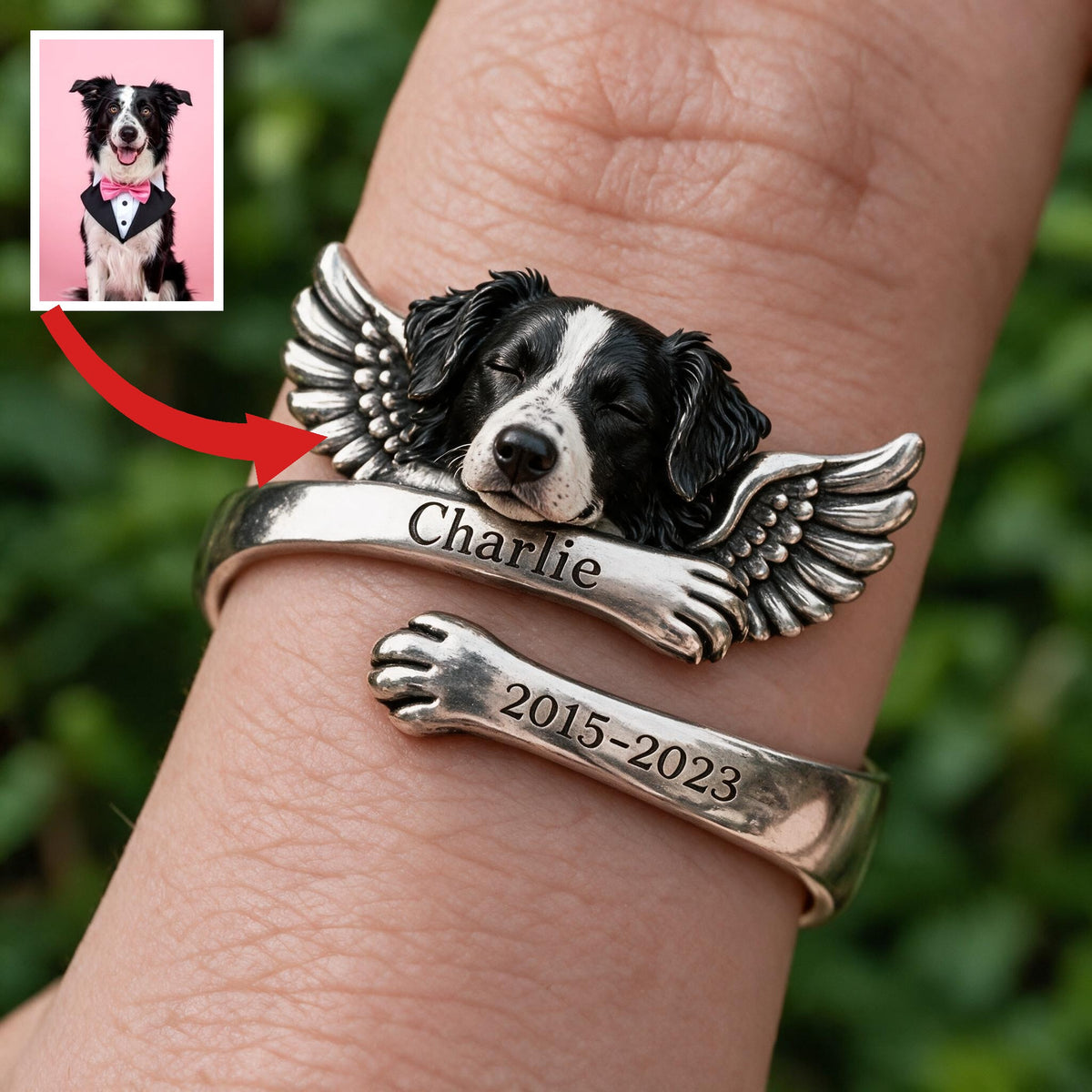 Personalized Border Collie Memorial Adjustable Ring Pet Loss Keepsake