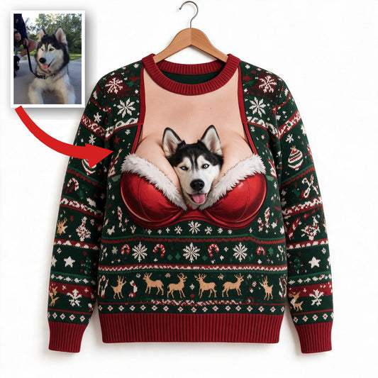 Custom Photo Christmas Siberian Husky Ugly Sweater Funny Pet Holiday Gift