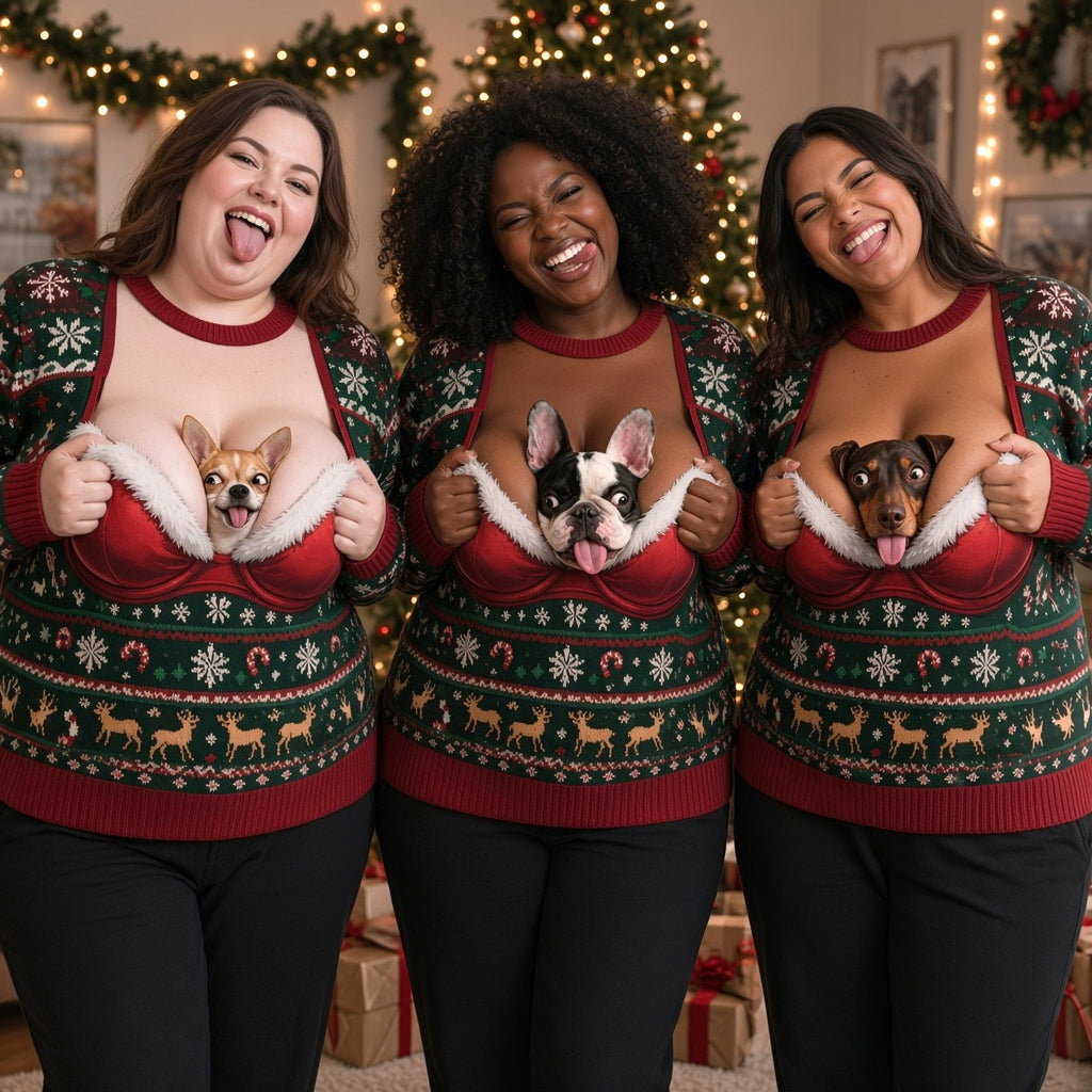 Custom Photo Christmas Black and Tan Dachshund Puppy Ugly Sweater Funny Gift