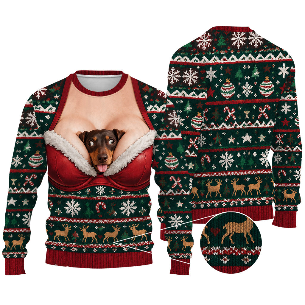 Custom Photo Christmas Black and Tan Dachshund Puppy Ugly Sweater Funny Gift