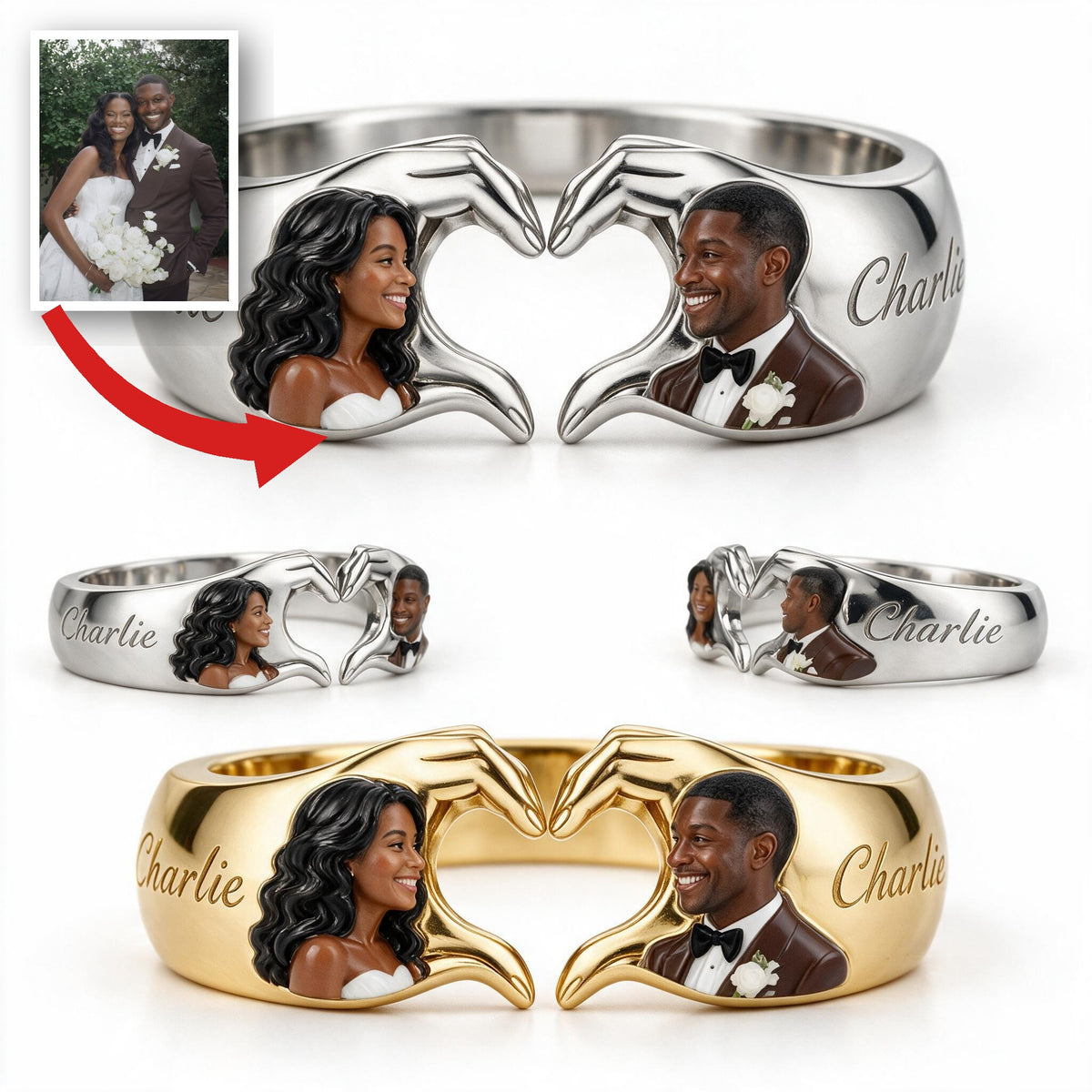 Personalized Wedding Anniversary Black Couple Heart Ring Gift for Husband Wife