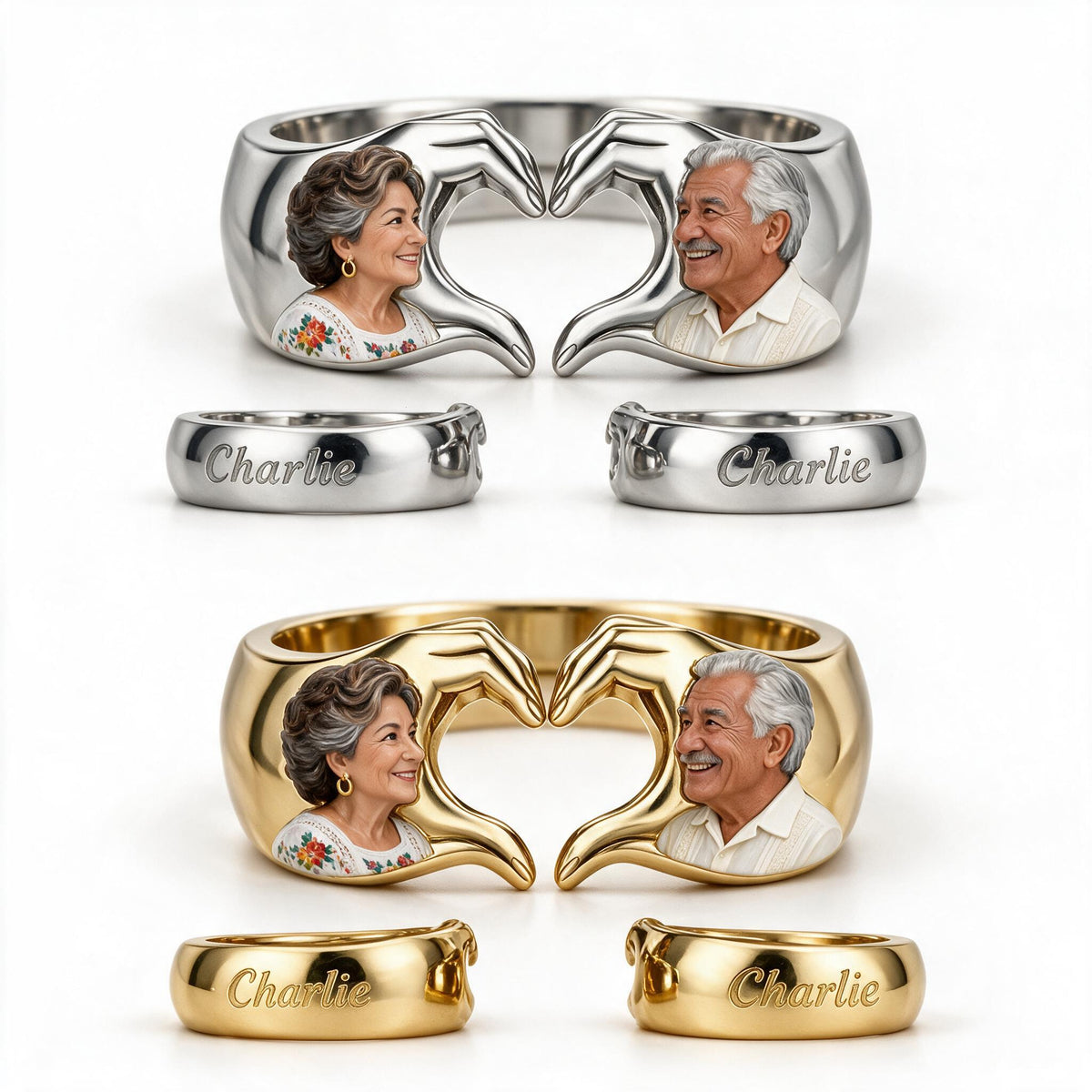 Personalized Anniversary Older Latino Couple Adjustable Hand Heart Ring Keepsake Gift