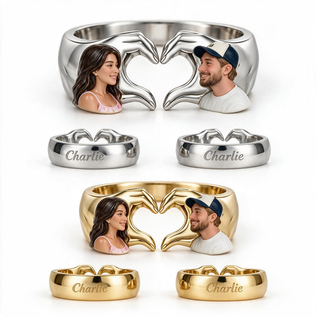 Personalized 5th Anniversary Latino Couple Hand Heart Adjustable Ring
