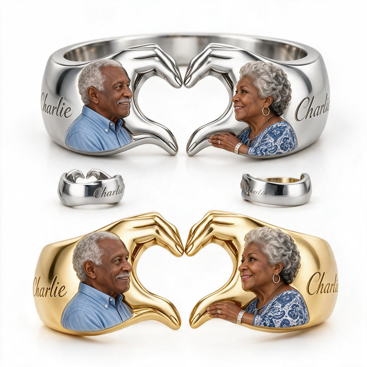 Personalized Anniversary Older Black Couple Adjustable Hand Heart Ring