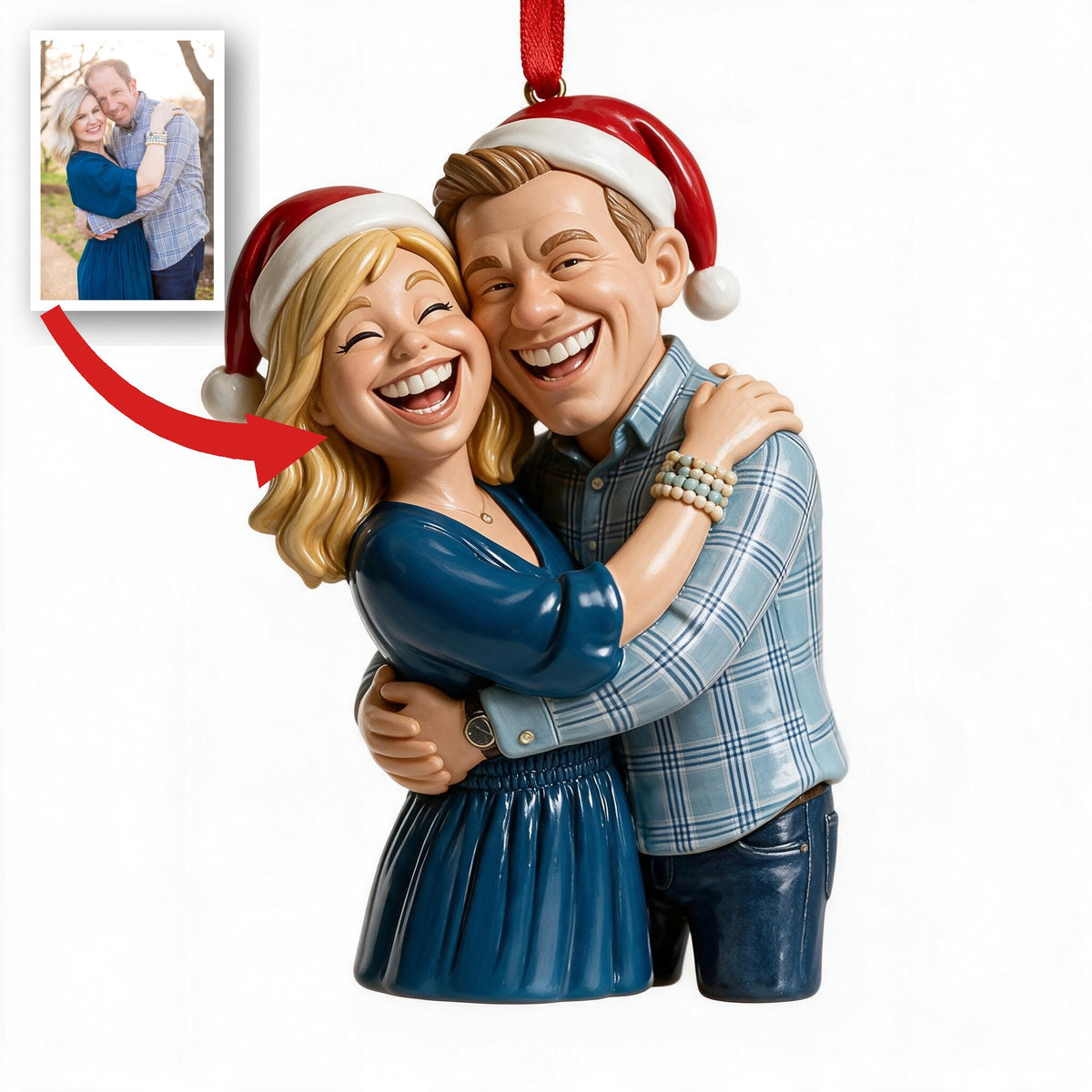 Custom Photo Christmas Middle-Aged Couple Caricature Ornament, Husband Wife Keepsake Gift