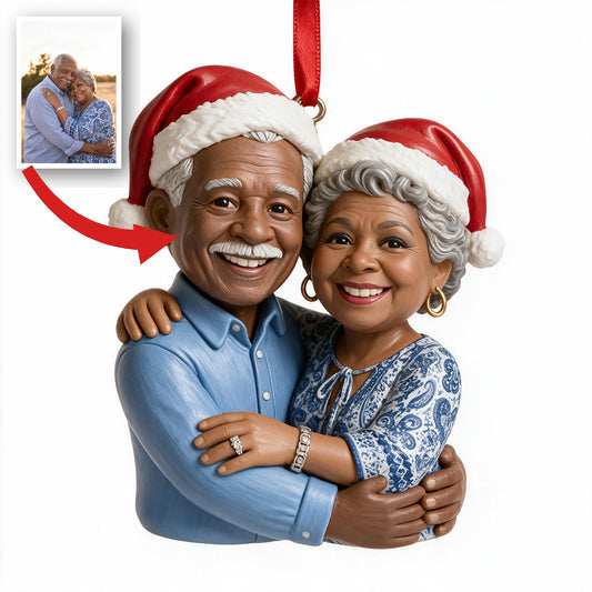 Custom Photo Christmas Older Black Couple Caricature Ornament, Grandparent Gift