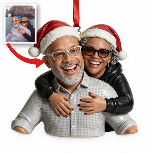 Custom Photo Christmas Middle-Aged Black Couple Caricature Ornament, Couple Holiday Gift