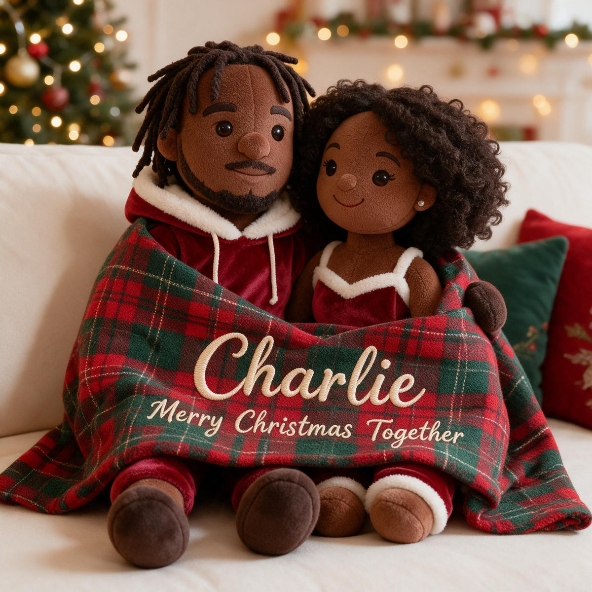 Personalized Christmas Black Couple Faux Fur Pillow, Unique Couple Holiday Gift