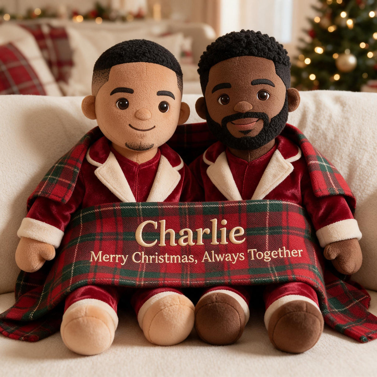 Personalized Christmas Black Gay Couple Faux Fur Pillow LGBT Holiday Decor