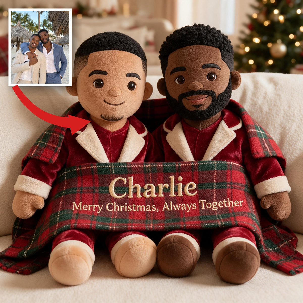 Personalized Christmas Black Gay Couple Faux Fur Pillow LGBT Holiday Decor