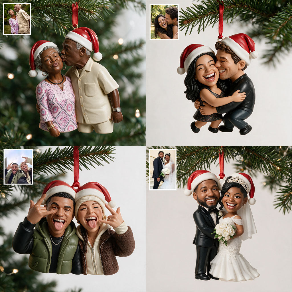 Custom Photo Christmas Middle-Aged Couple Caricature Ornament, Husband Wife Keepsake Gift