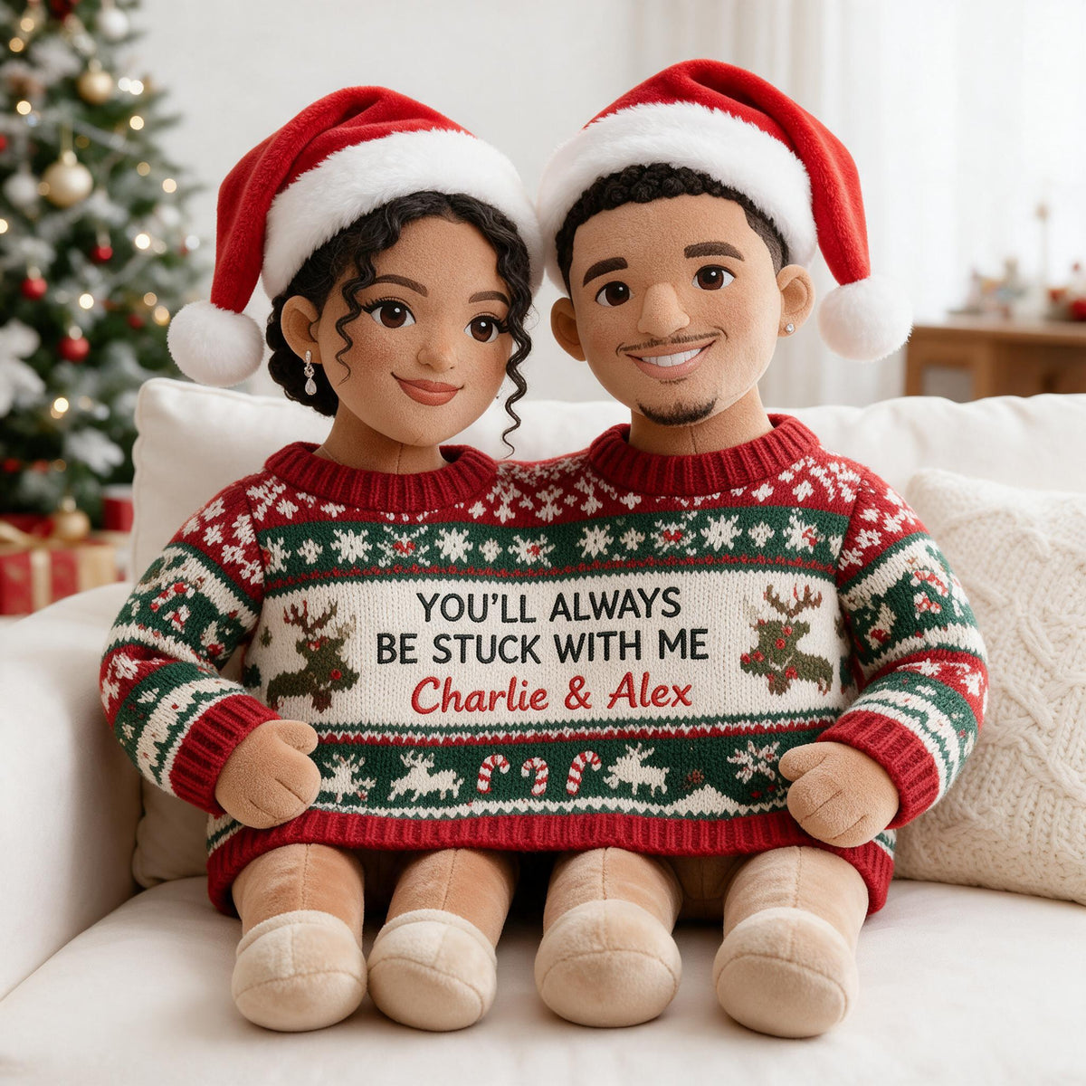 Custom Photo Christmas Latino Couple Faux Fur Pillow, Husband Wife Home Decor Gift