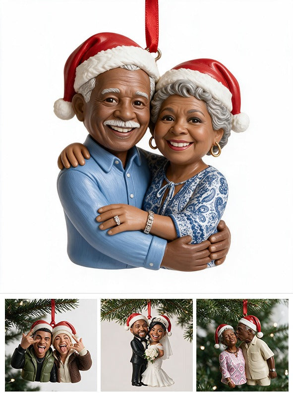 Custom Photo Christmas Older Black Couple Caricature Ornament, Grandparent Gift