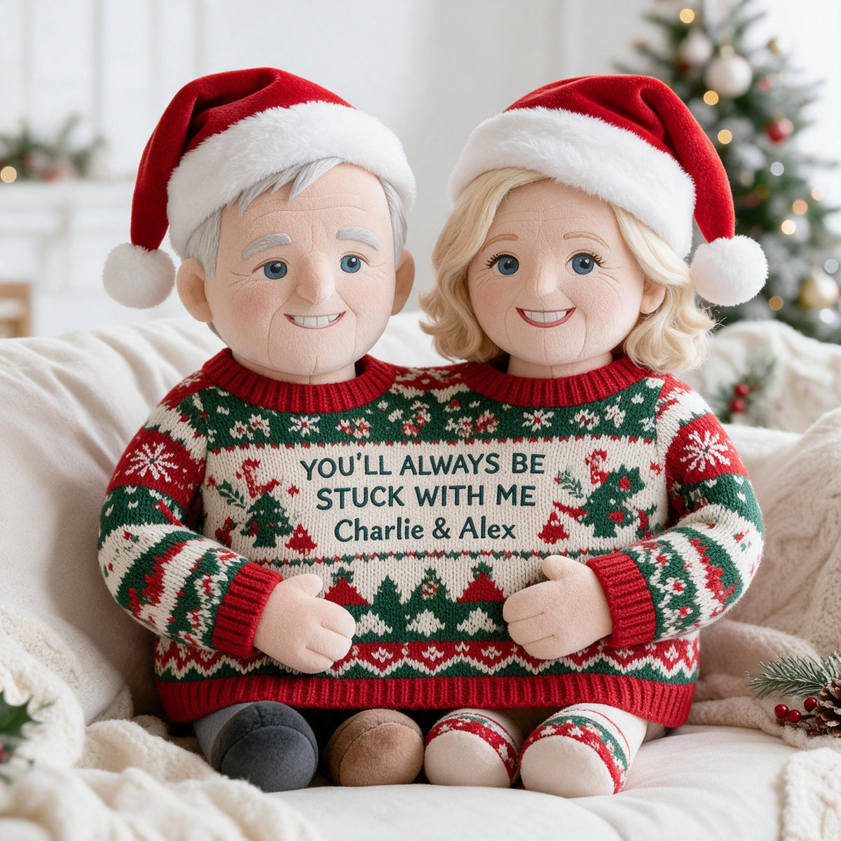 Custom Photo Christmas Older Couple Faux Fur Pillow Gift for Parents Grandparents