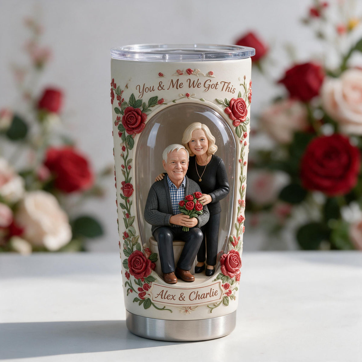 Custom Photo Older Couple Rose Design Tumbler, Personalized Grandparents Gift