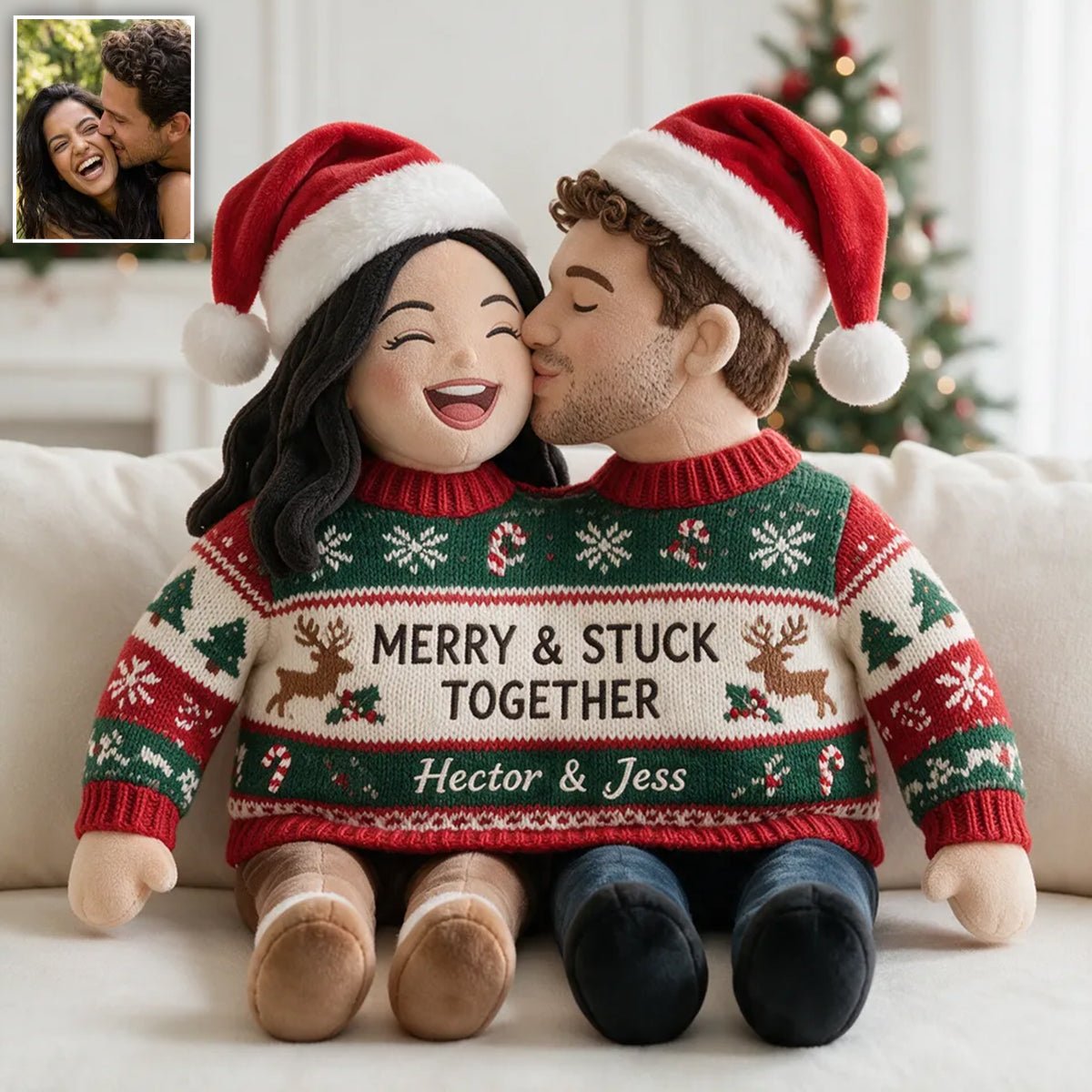 Custom Photo Christmas Black Couple Faux Fur Pillow, Wedding Couple Gift
