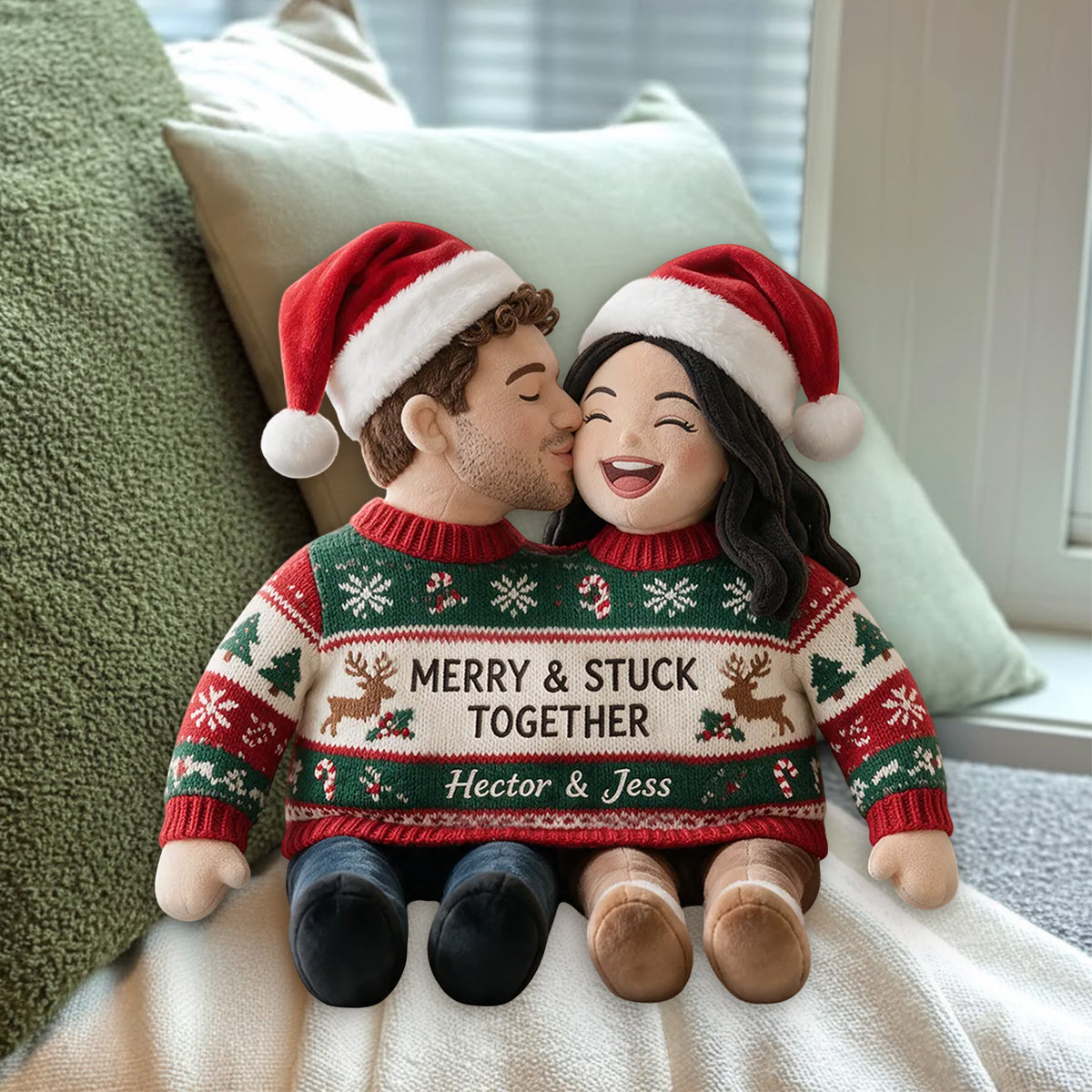 Custom Photo Christmas Black Couple Faux Fur Pillow, Wedding Couple Gift