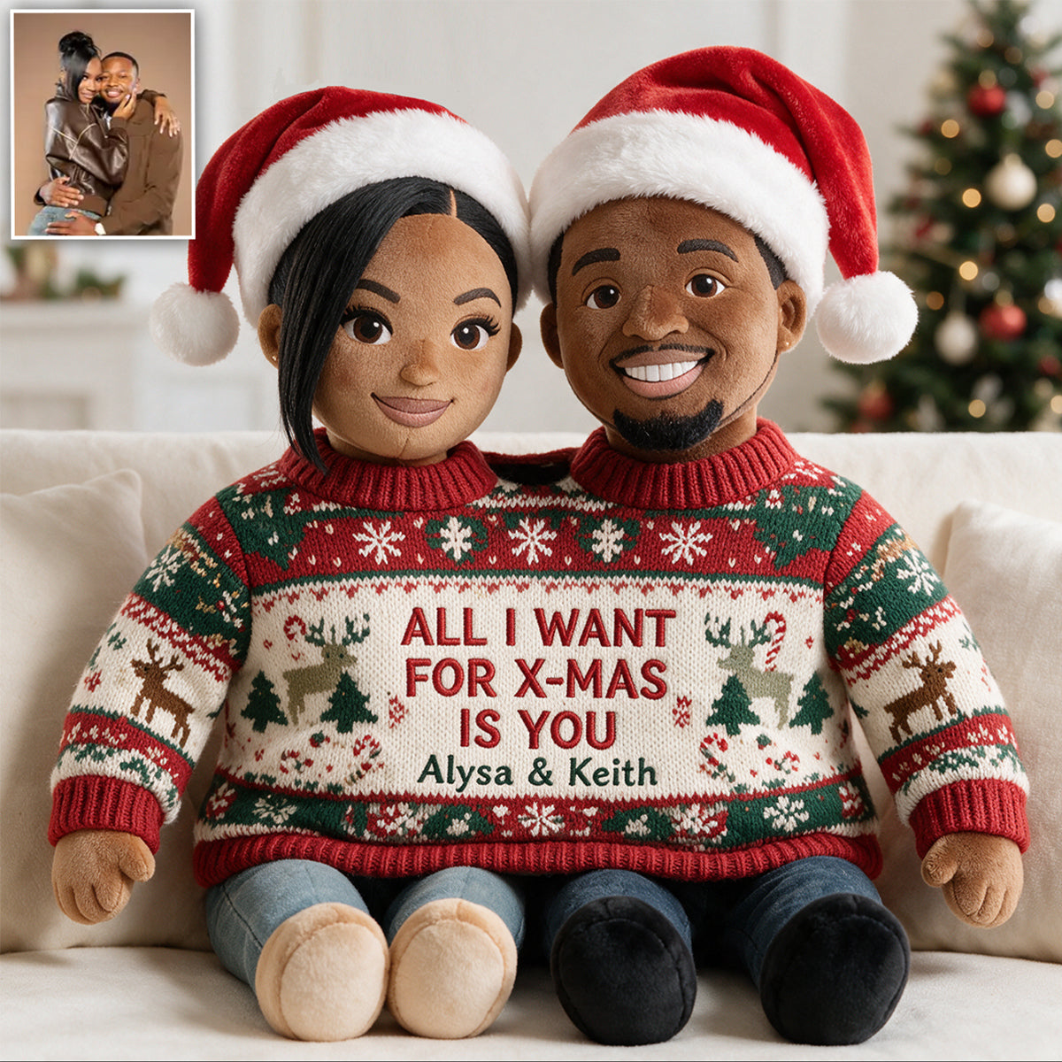 Custom Photo Christmas Middle-Aged Latino Couple Faux Fur Pillow, Husband Wife Home Gift
