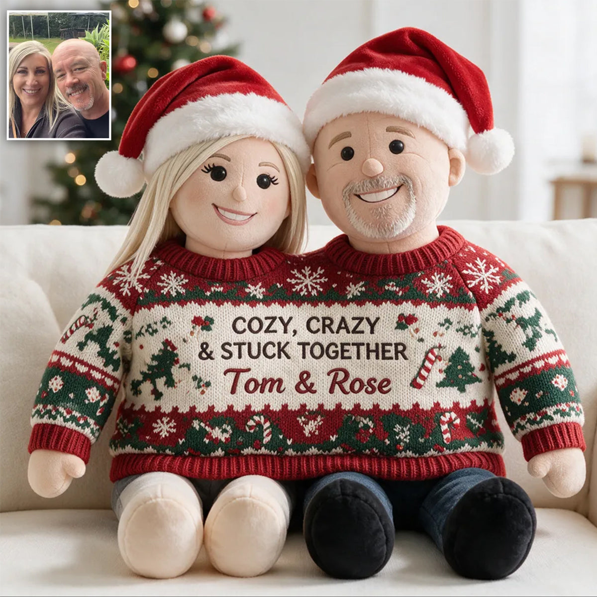 Custom Photo Christmas Middle-Aged Couple Faux Fur Pillow, Husband Wife Personalized Home Gift