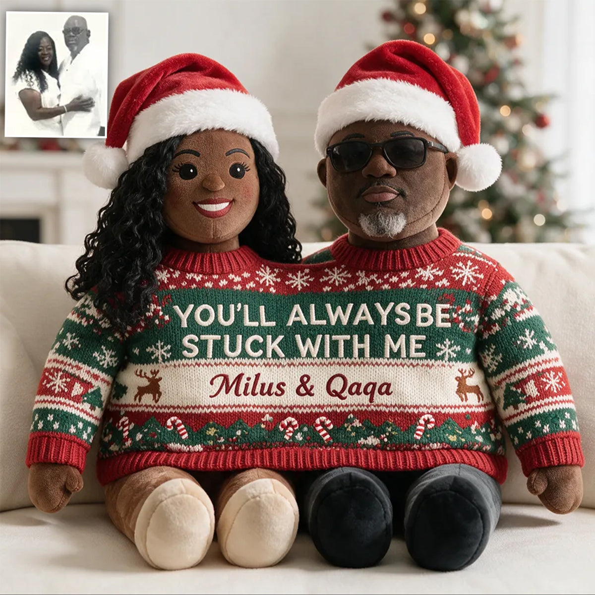 Custom Photo Christmas Older Black Couple Faux Fur Pillow, Couple Gift