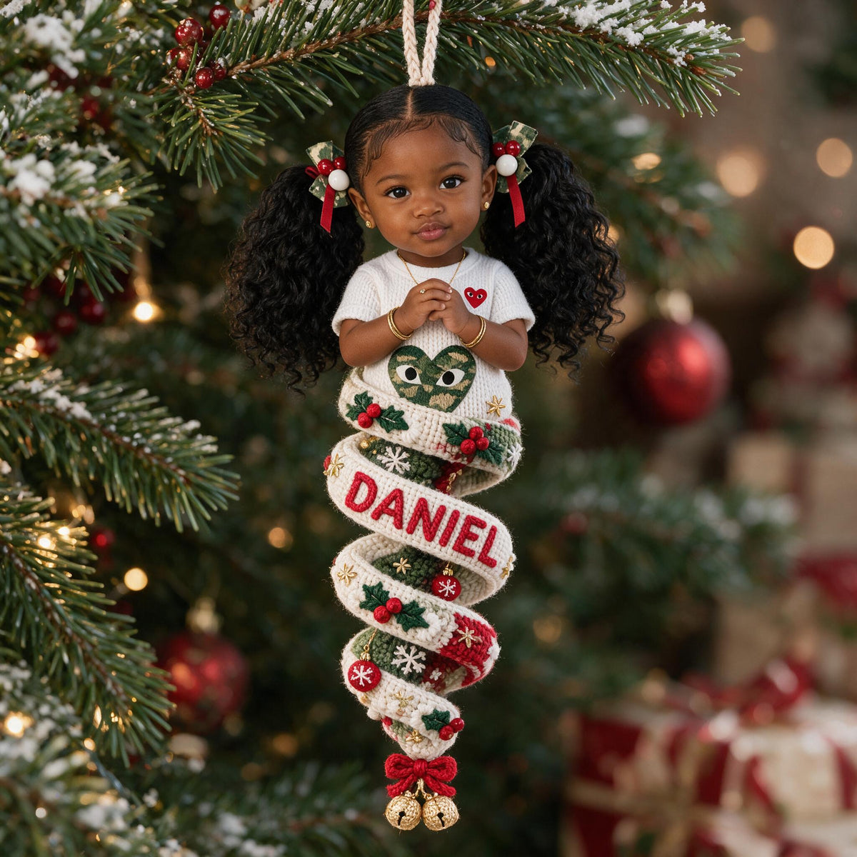 Custom Photo Christmas Black Little Girl Plush Ornament Gift for Daughter Granddaughter Niece
