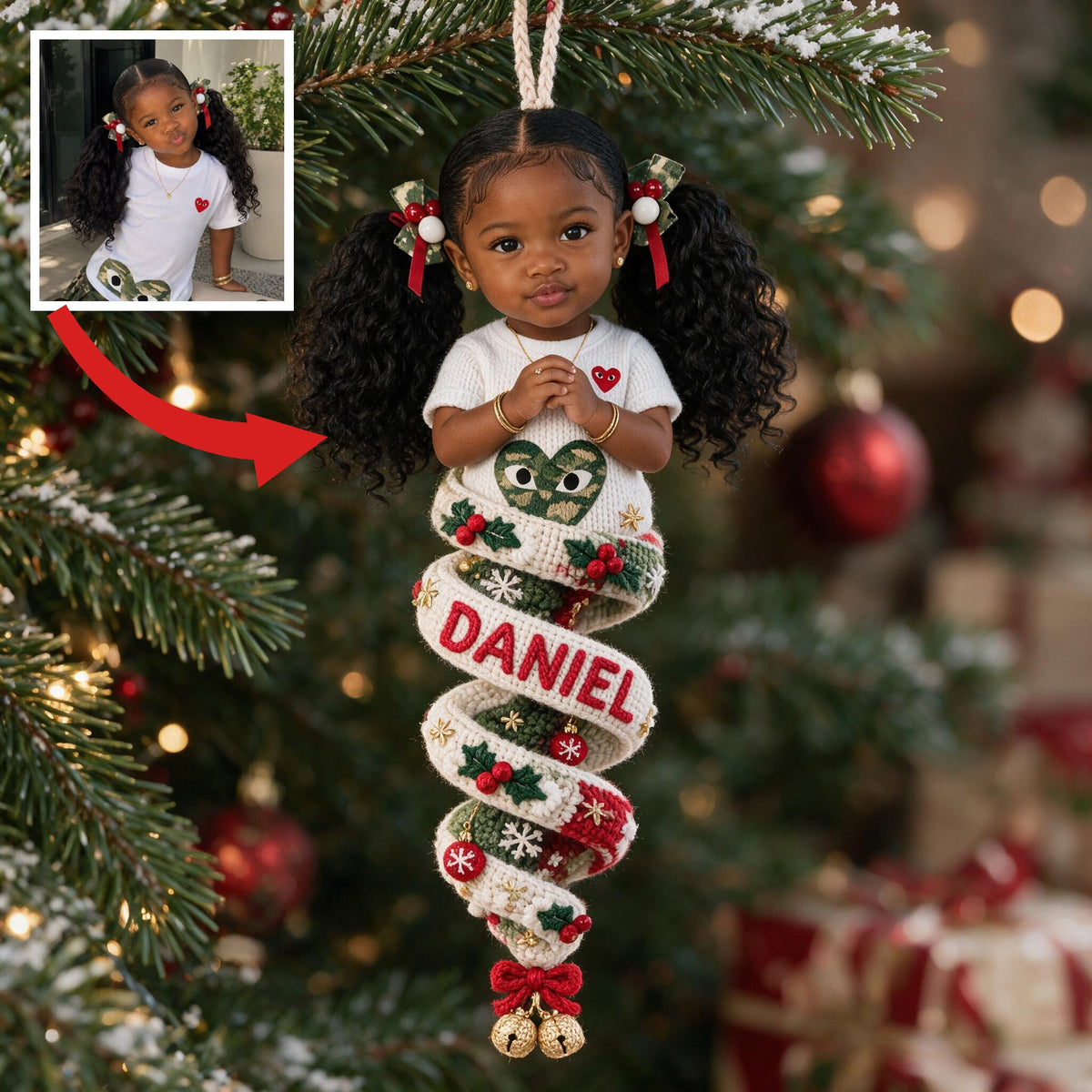 Custom Photo Christmas Black Little Girl Plush Ornament Gift for Daughter Granddaughter Niece