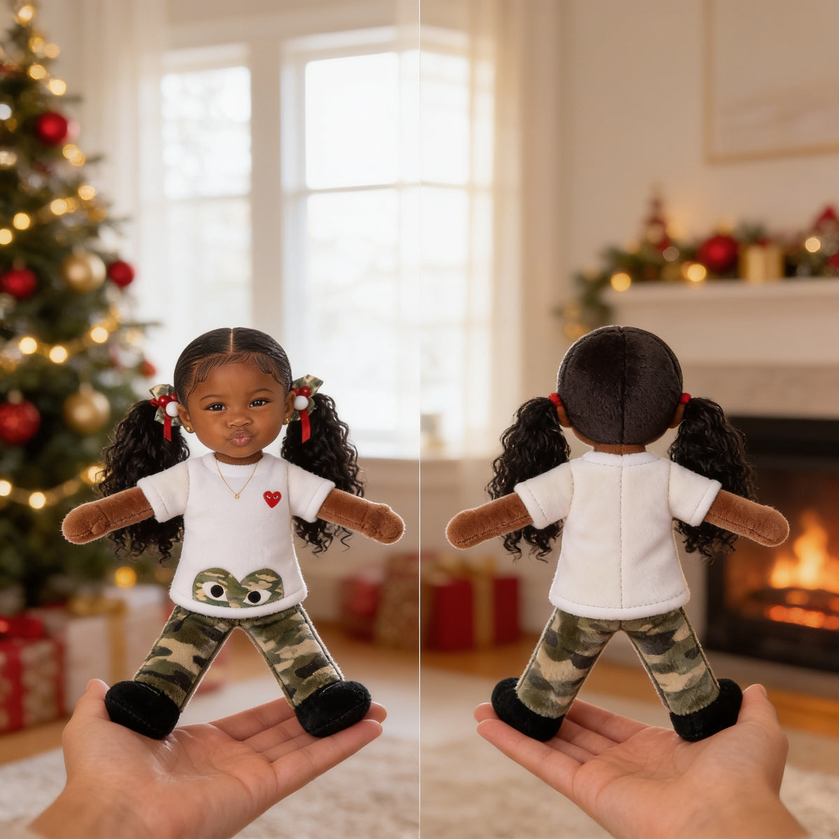 Custom Photo Black Little Girl Posable Plush Doll Gift for Daughter Granddaughter Niece