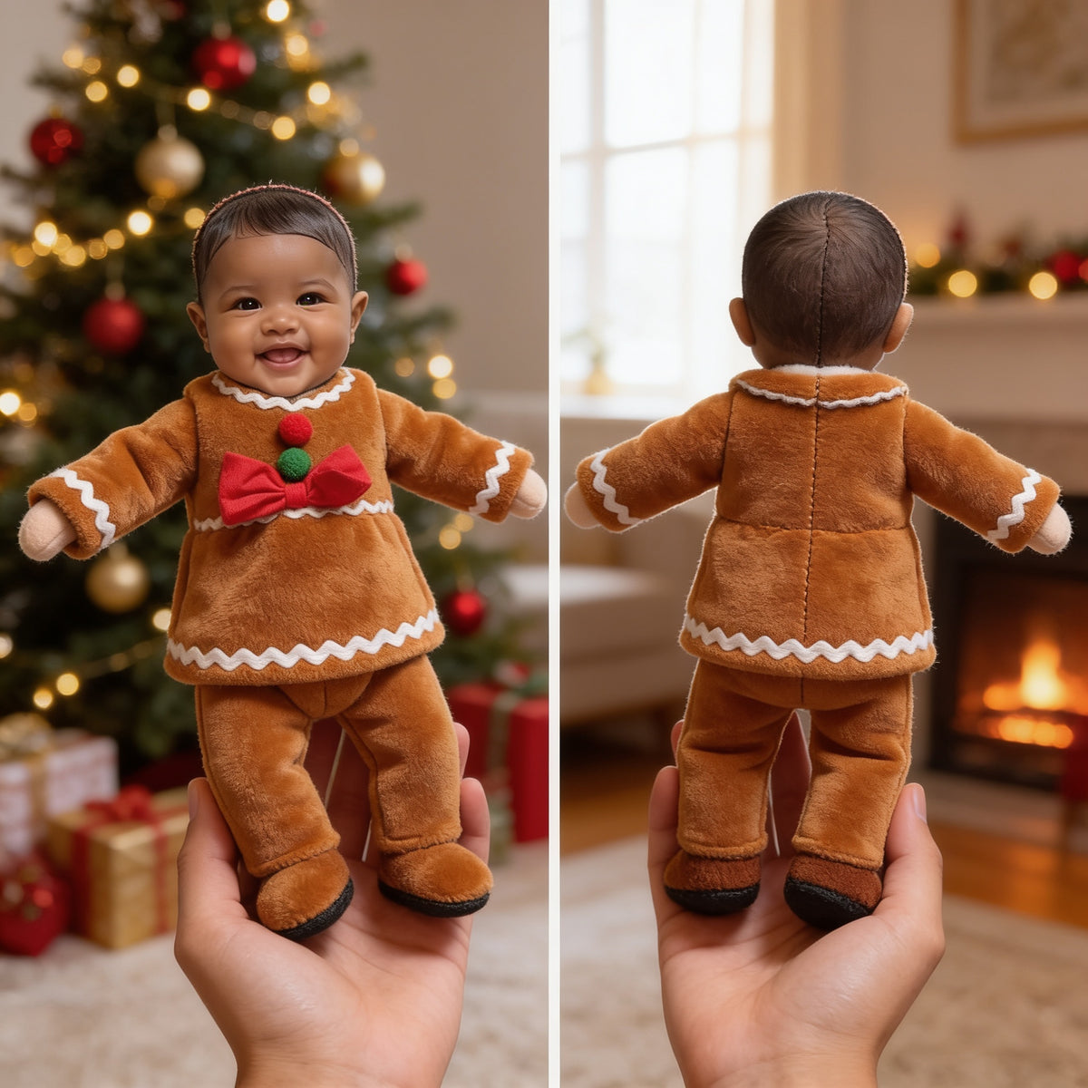 Custom Photo Christmas Black Christmas Baby Girl Gingerbread Costume Posable Plush Doll