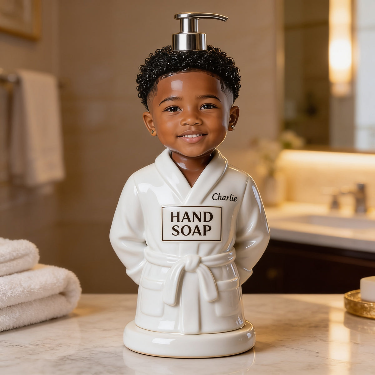 Personalized Black Little Boy Soap Dispenser, Custom Bathroom Gift for Son Grandson Nephew