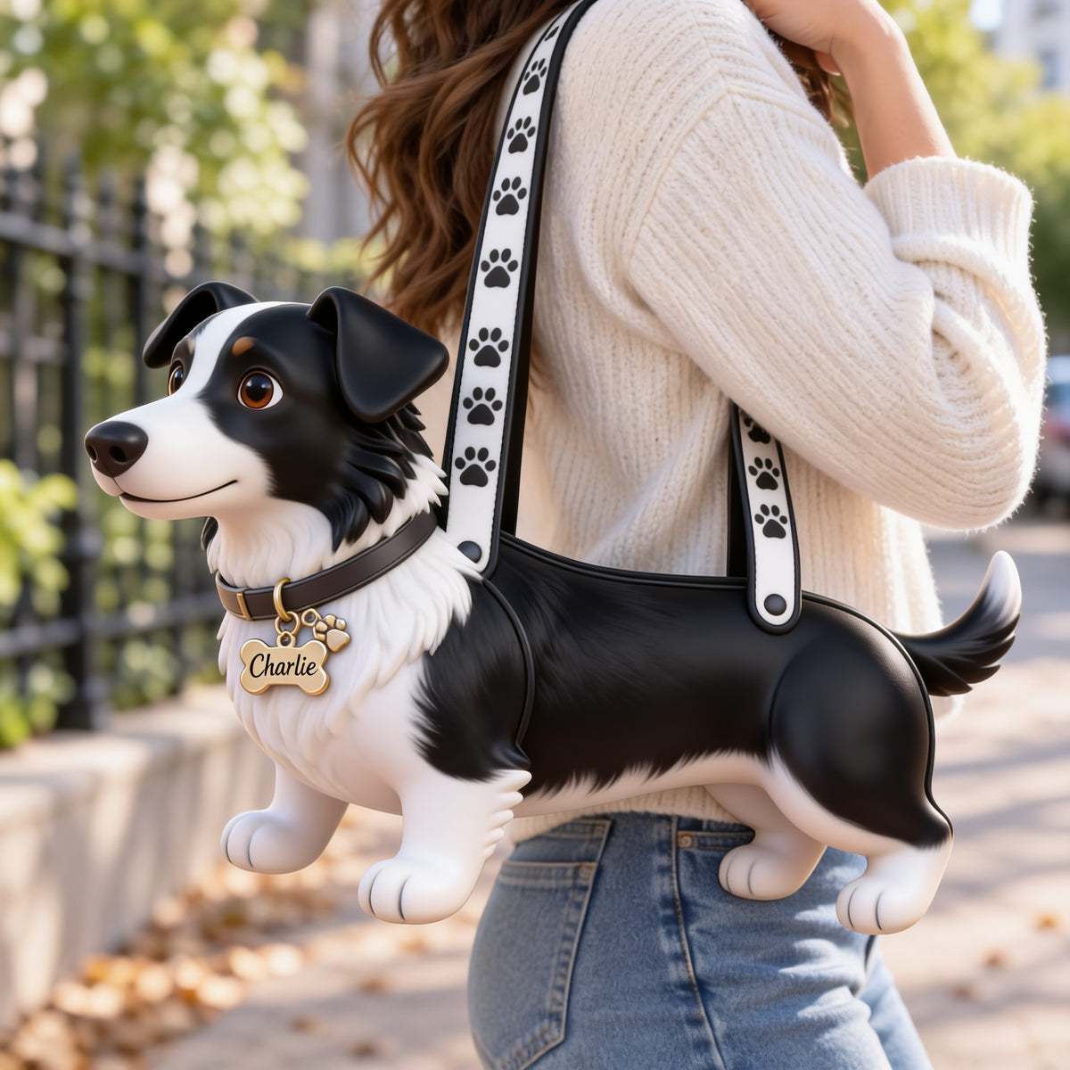 Personalized Black and White Border Collie Custom Shape Tote Bag Dog Lover Gift