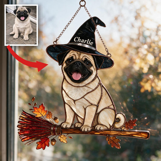 Personalized Halloween Fawn Pug Puppy 3D Printed Glass Suncatcher Dog Lover Gift
