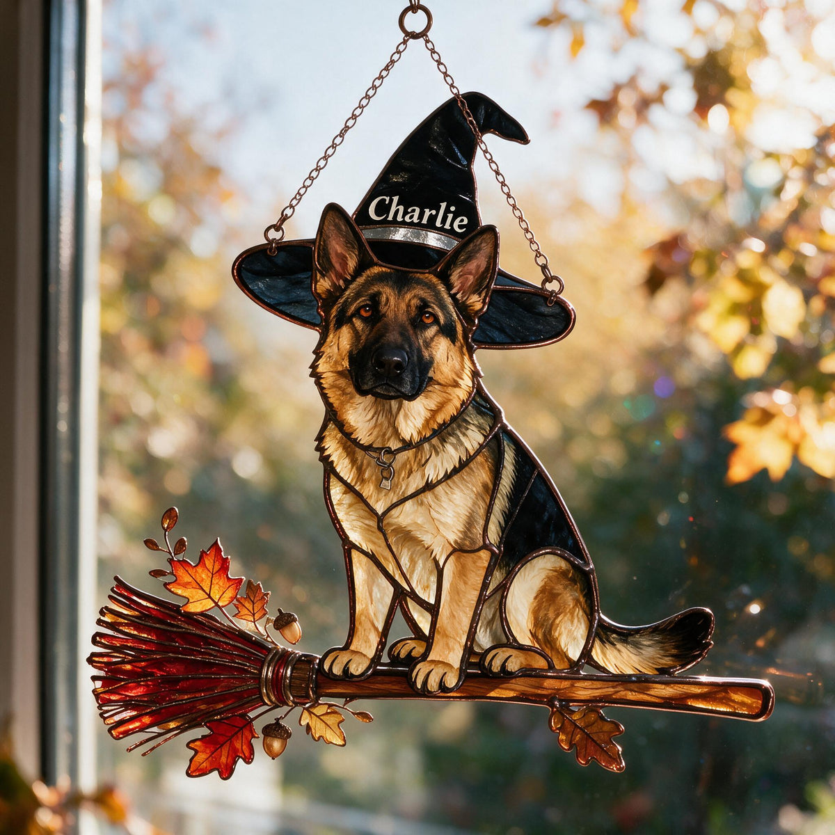 Personalized Halloween Black and Tan Adult German Shepherd 3D Glass Suncatcher Decor Gift