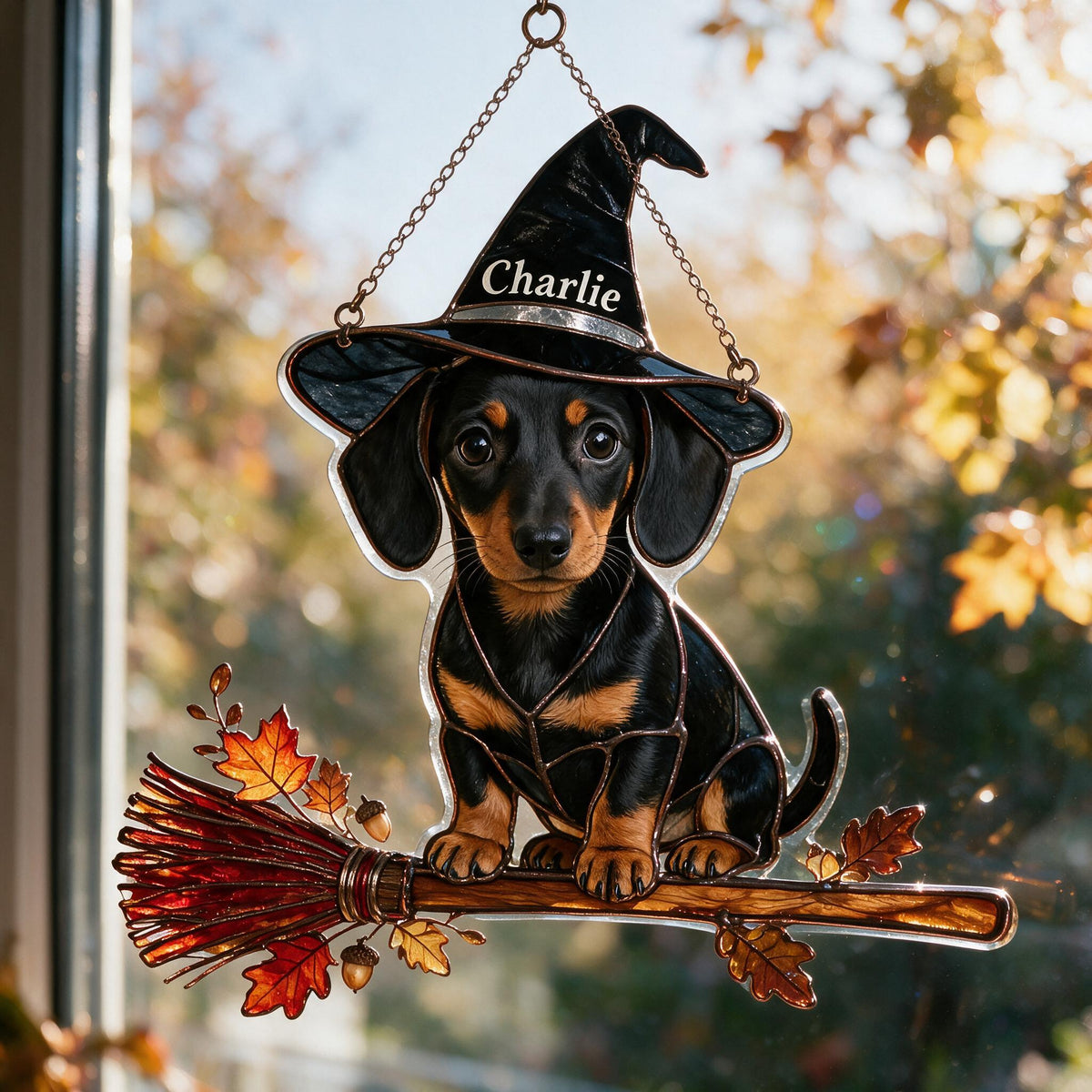 Personalized Halloween Black and Tan Dachshund Puppy 3D Printed Glass Suncatcher