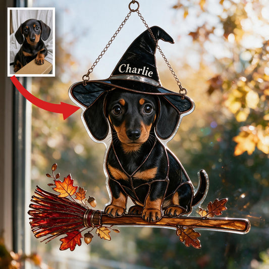 Personalized Halloween Black and Tan Dachshund Puppy 3D Printed Glass Suncatcher