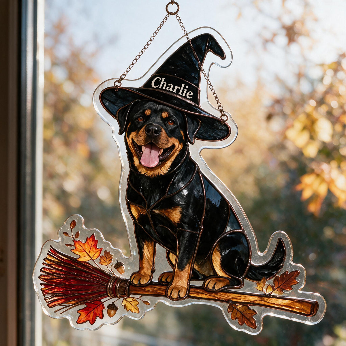 Personalized Halloween Black and Tan Rottweiler 3D Glass Suncatcher