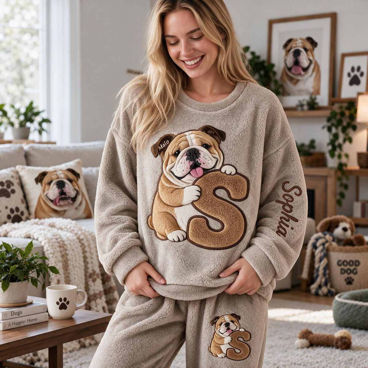 Personalized Fawn & White Bulldog Fleece Lounge Set for Dog Lovers