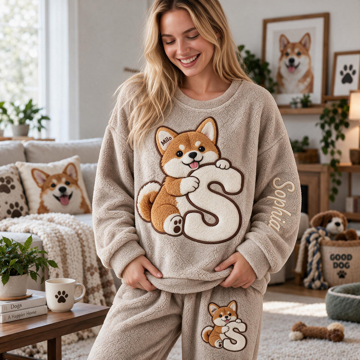 Personalized Tan White Adult Shiba Inu Fleece Lounge Set Cozy Loungewear Gift
