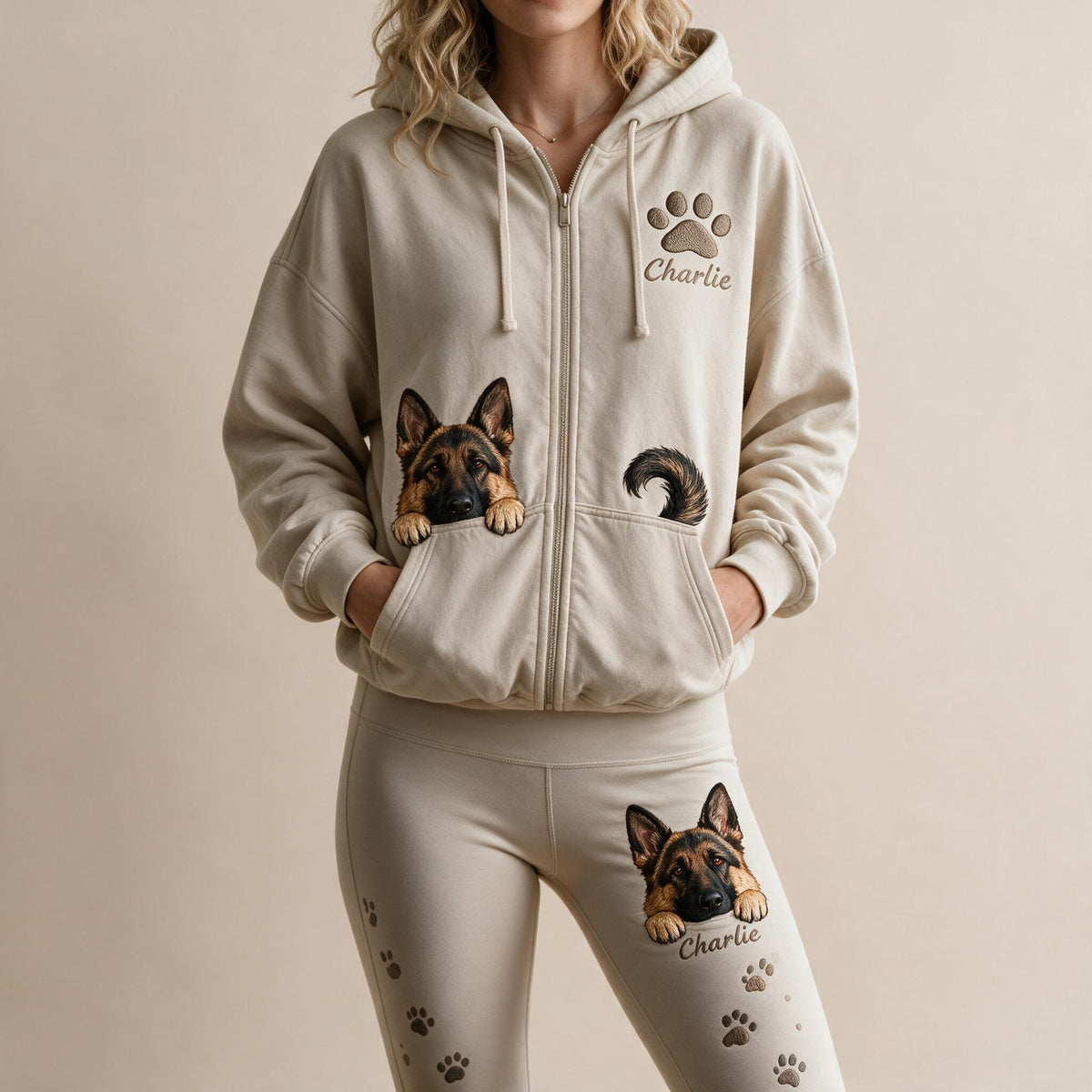 Personalized Black and Tan German Shepherd Zip Hoodie & Leggings Loungewear Set Dog Owner Gift