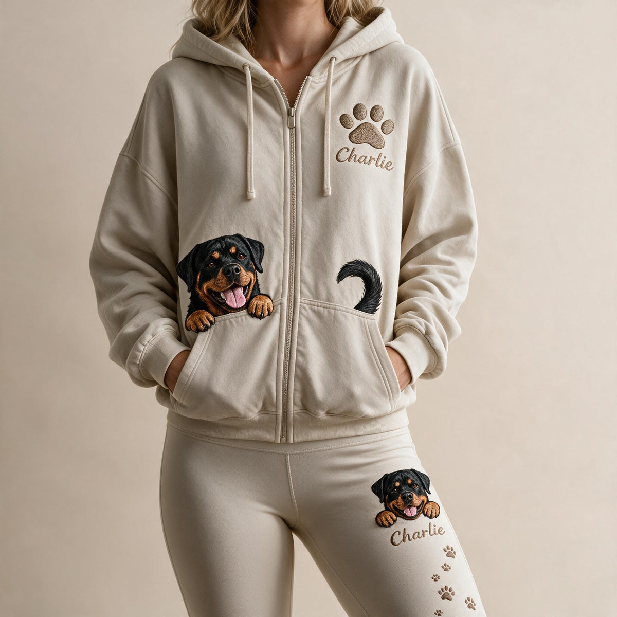 Personalized Adult Black and Tan Rottweiler Zip Hoodie & Leggings Set