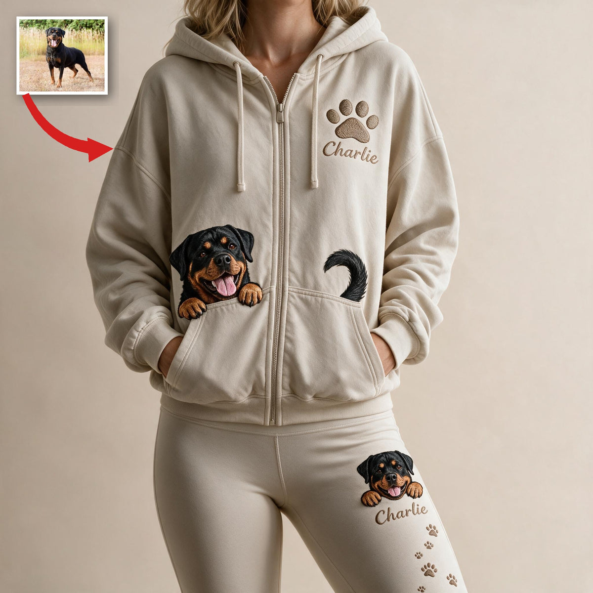 Personalized Adult Black and Tan Rottweiler Zip Hoodie & Leggings Set