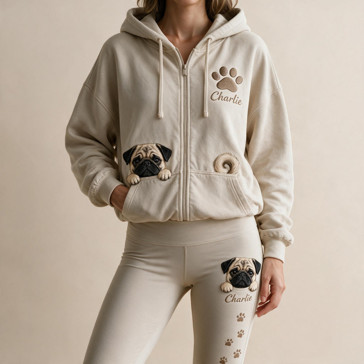 Personalized Fawn Black Mask Pug Zip Hoodie & Leggings Loungewear Set