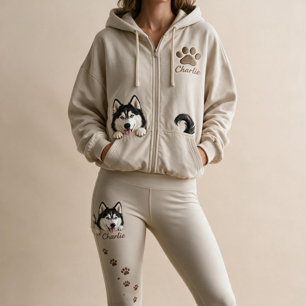 Personalized Siberian Husky Zip Hoodie & Leggings Loungewear Set