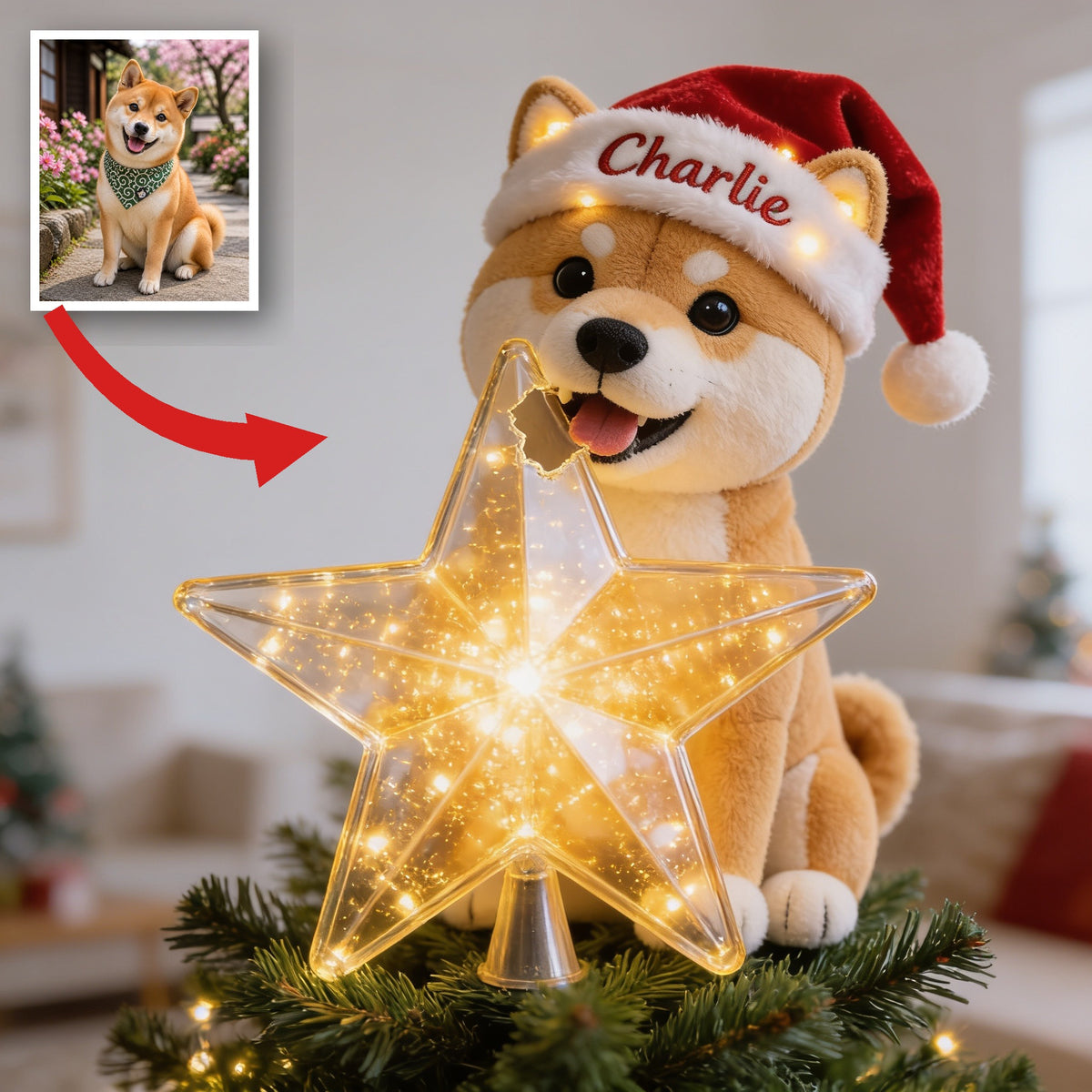 Personalized Christmas Tan and White Shiba Inu LED Light Tree Topper Dog Lover Gift