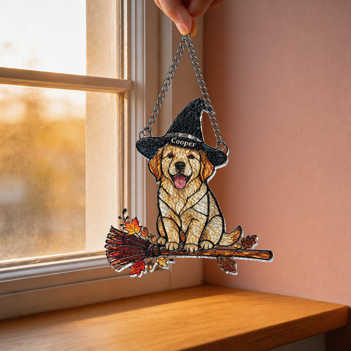 Personalized Halloween Fluffy Golden Pomeranian 3D Glass Suncatcher Dog Lover Gift