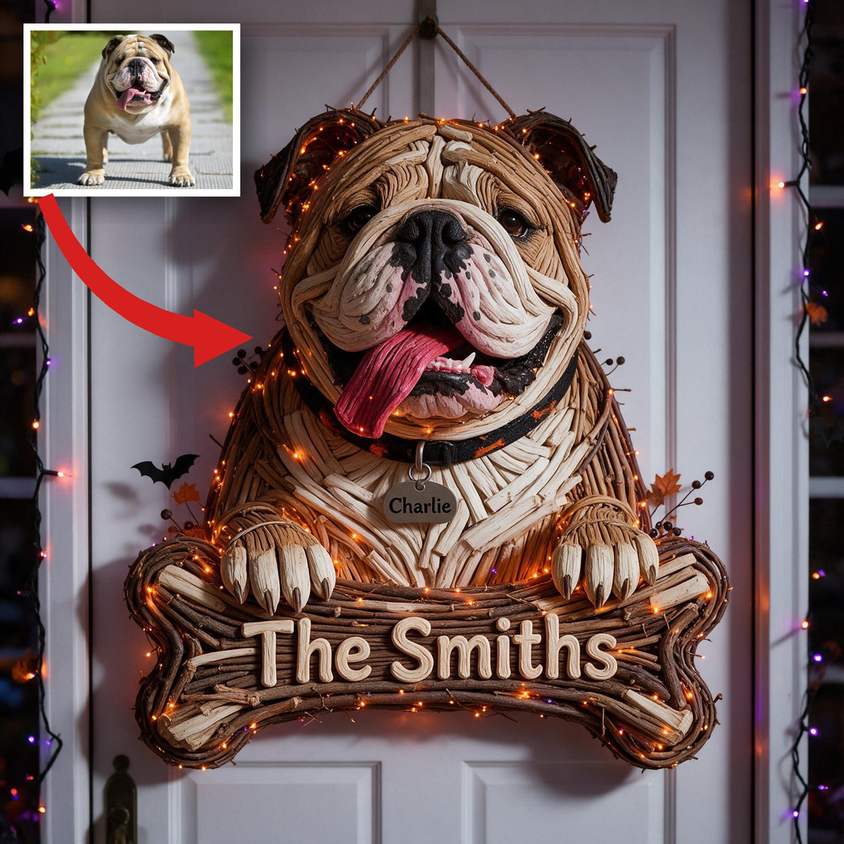 Personalized Halloween Fawn & White Adult Bulldog LED Light Acrylic Sign