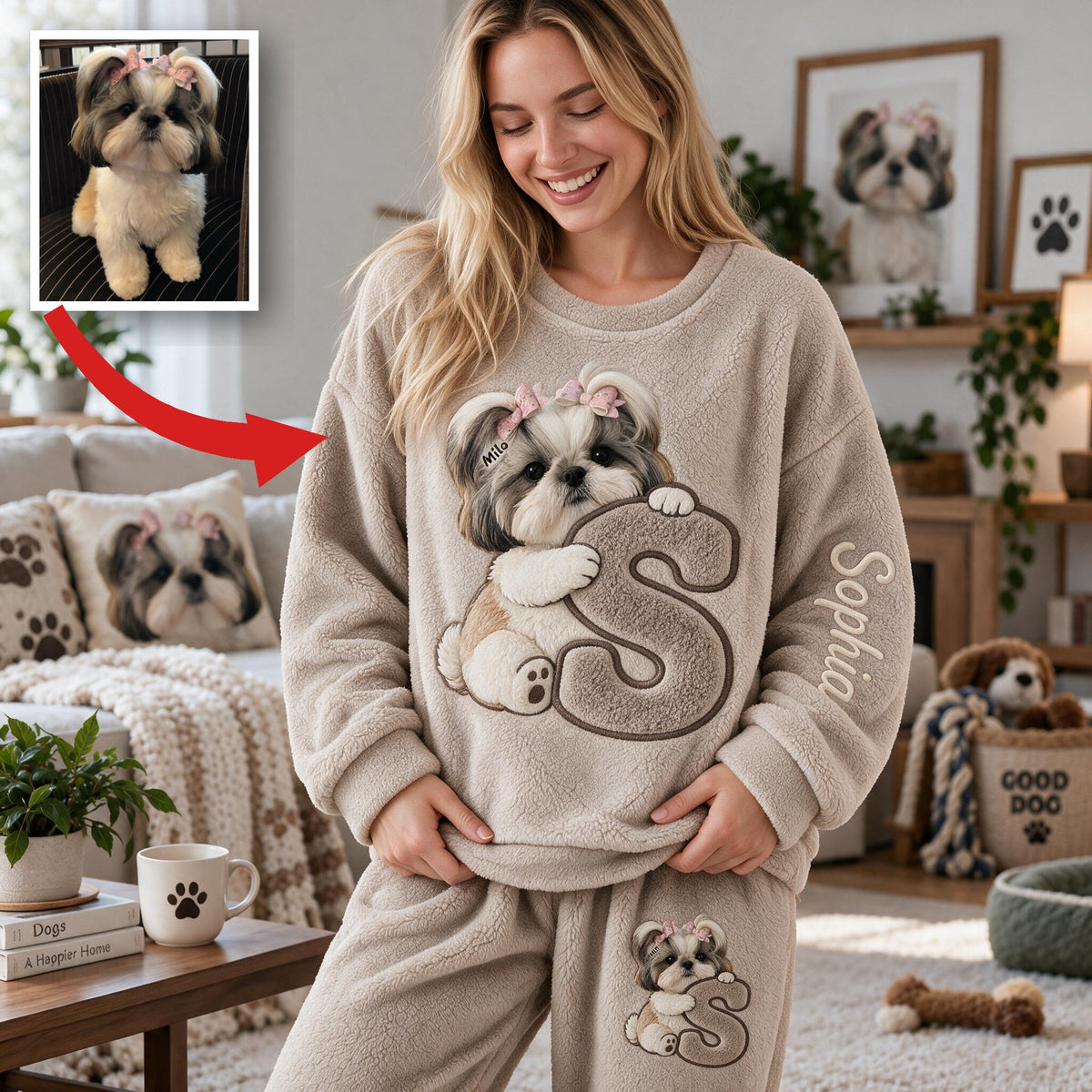 Personalized Fluffy Shih Tzu Fleece Lounge Set Cozy Loungewear for Dog Lovers